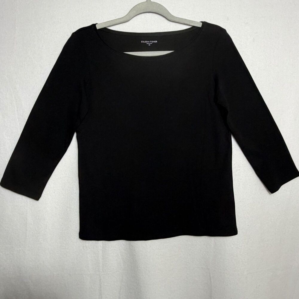 Eileen Fisher Black Boat Neck 3/4 Sleeve 100% Cotton Tee Top Blouse Size XS